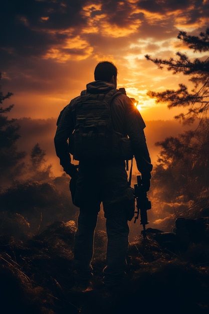 Mężczyzna z plecakiem patrzy na zachód słońca w lesie