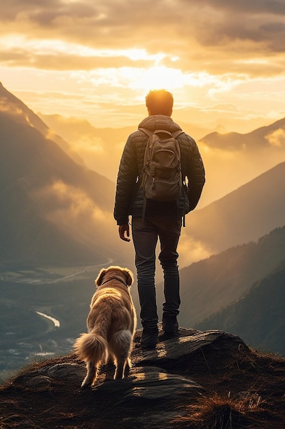 Mężczyzna z plecakiem podróżujący i wędrujący z psem stoją na szczycie góry i patrzą na piękny widok krajobrazu