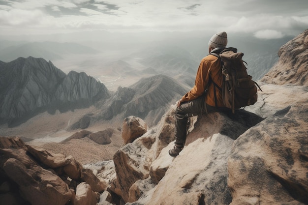 Mężczyzna z plecakiem siedzi na skale z widokiem na dolinę.