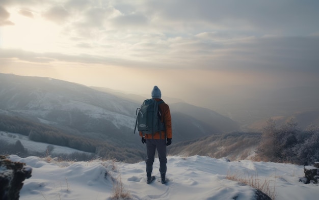 Mężczyzna z plecakiem spaceruje po zaśnieżonym lesie górskim, wędrując po przygodzie na świeżym powietrzu