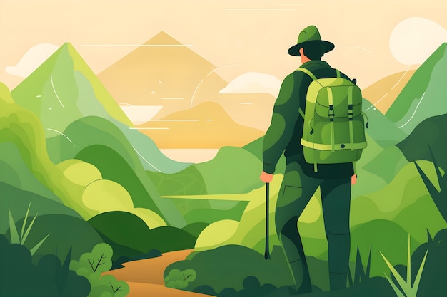 Zdjęcie mężczyzna z plecakiem stoi w zielonym krajobrazie.