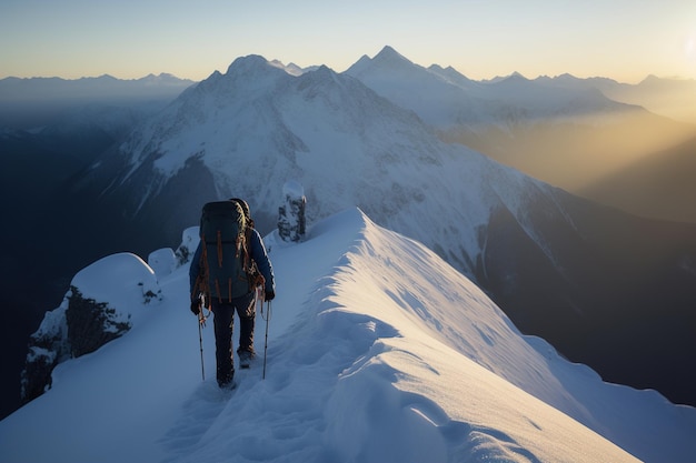Mężczyzna z plecakiem stojącym na szczycie klifu z zaśnieżonym widokiem na góry podczas zachodu słońca Generative ai