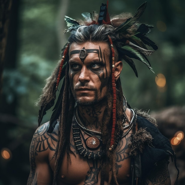 Mężczyzna z plemiennym tatuażem na głowie stoi w lesie.