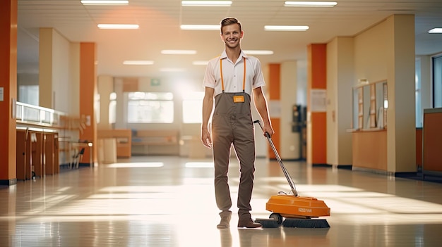 Mężczyzna z pomarańczową walizką chodzi po podłodze.