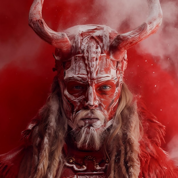 Zdjęcie mężczyzna z rogami i czerwoną maską z rogami.