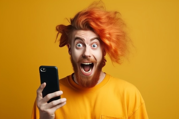 Mężczyzna z rudymi włosami i żółtą koszulą trzyma w dłoni czarny telefon