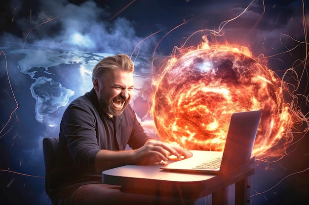 Mężczyzna z skupionym wyrazem twarzy siedzący przed laptopem wydaje się włamać się do sieci komputerowej z płomieniami w tle