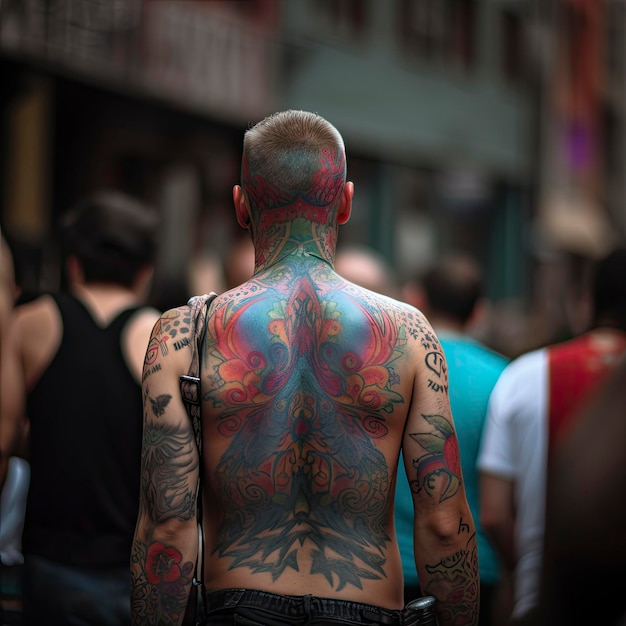 Mężczyzna z tatuażami na plecach jest pokryty tatuażami.