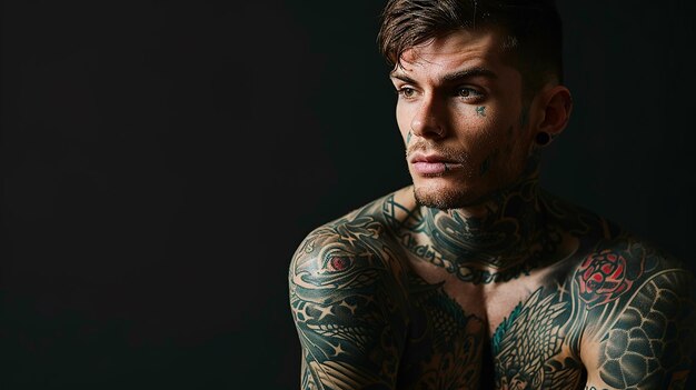 Zdjęcie mężczyzna z tatuażami na ramionach i tatuażem na klatce piersiowej