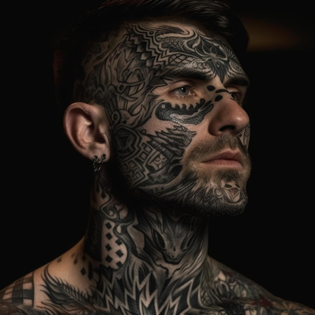 Mężczyzna z tatuażami na twarzy jest pokazany ze smokiem na twarzy.