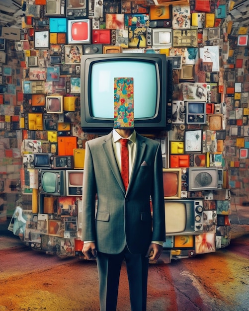Zdjęcie mężczyzna z telewizorem na głowie stoi przed ścianą z wieloma różnymi przedmiotami