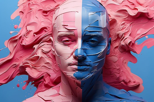 Mężczyzna z twarzą pokrytą farbami na niebieskim do różowym tle stworzonym przy użyciu generatywnej technologii sztucznej inteligencji