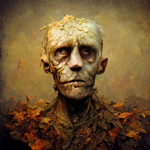 mężczyzna z twarzą pokrytą liśćmi i poplamioną twarzą.