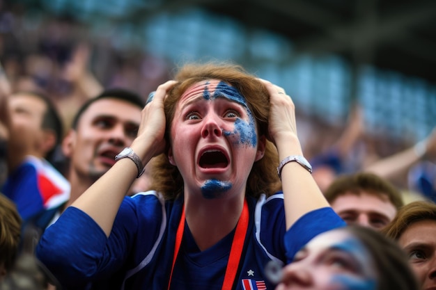 Mężczyzna z twarzą pomalowaną na niebiesko i czerwono, tworząc kolorowy i przyciągający wzrok emocje francuskich fanów przytłaczają AI Generated