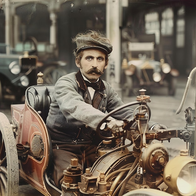 Zdjęcie mężczyzna z wąsami i kapeluszem na głowie siedzi w vintage samochodzie