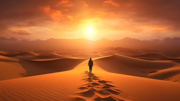 Mężczyzna z wdziękiem kroczy przez rozległą pustynię pokrytą