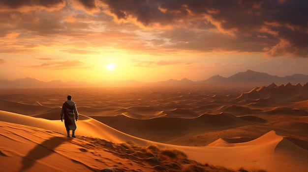 Mężczyzna z wdziękiem stąpa po rozległej pustyni pokrytej