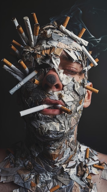 Mężczyzna z wieloma papierosami w ustach i papierosem w ustach.