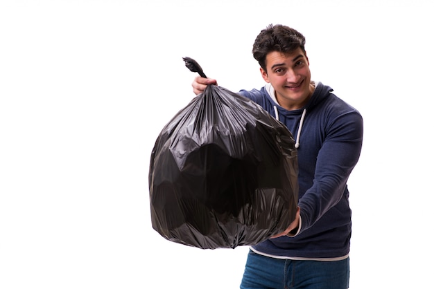 Mężczyzna z worek na śmieci odizolowywającym