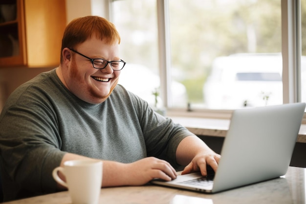 Mężczyzna z zespołem Downa korzystający z laptopa w domu, siedzący przy stole Generatywna AI