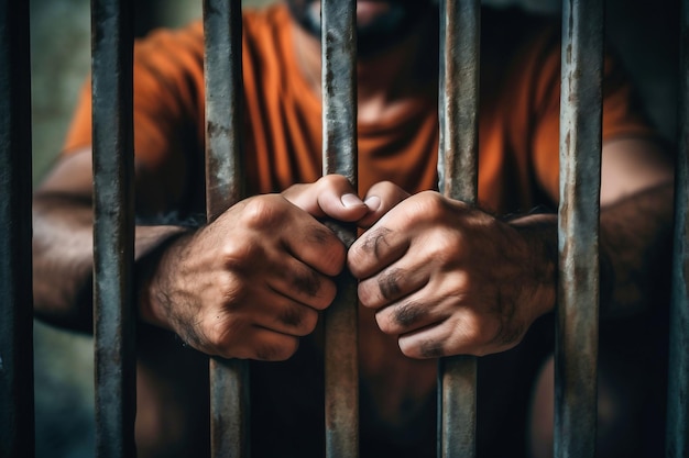 Mężczyzna za kratami więzienia Ręce mężczyzn spoczywają na kratach więzienia lub celi Koncepcja podsumowania Przestępczość i kara Zbliżenie Represja Sprawiedliwość
