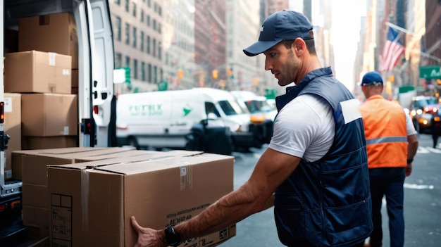 Zdjęcie mężczyzna załadowujący pudełko do ciężarówki