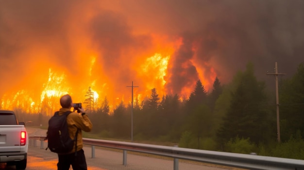 Mężczyzna zatrzymuje się na autostradzie, aby nagrać i sfotografować ogromny pożar lasu