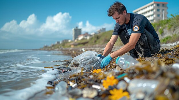 Mężczyzna zbiera śmieci w torbie na śmieci z wybrzeża na plaży