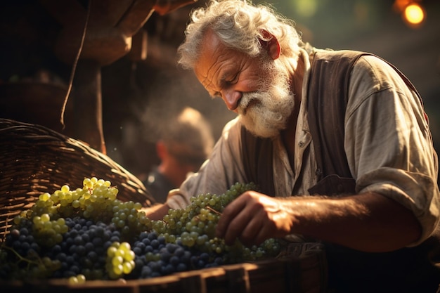Zdjęcie mężczyzna zbierający winogrona w sezonie zbiorów rolnik pracujący
