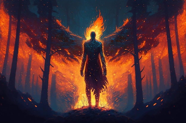 Mężczyzna ze skrzydłami stoi przed ogniem.