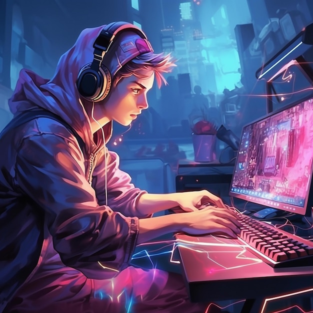 mężczyzna ze słuchawkami na uszach i laptopem z fioletowym ekranem za nim.