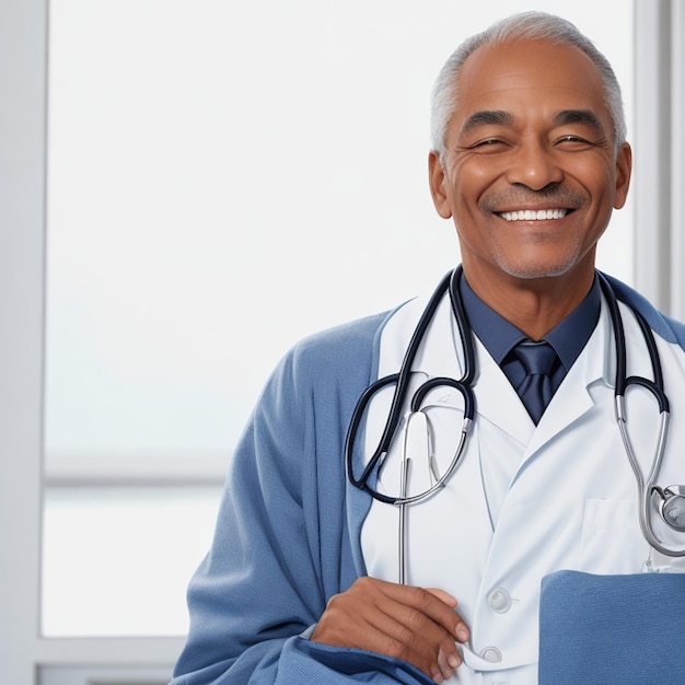 Zdjęcie mężczyzna ze stetoskopem na płaszczu uśmiecha się do lekarza.