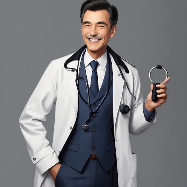 Mężczyzna ze stetoskopem na płaszczu uśmiecha się do lekarza.