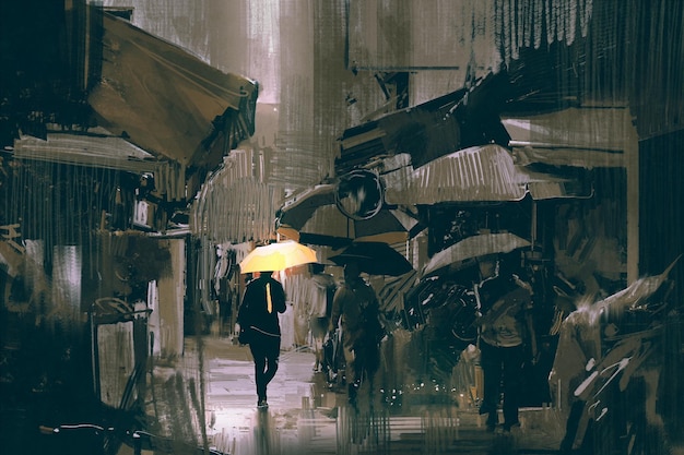 mężczyzna ze świecącym żółtym parasolem spaceruje po miejskiej alei w deszczowy dzień z cyfrowym stylem sztuki, malowaniem ilustracji