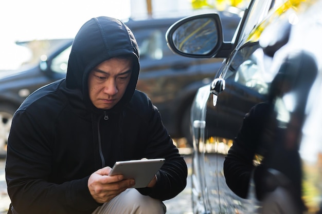 Mężczyzna złodziej bandytów złodziej samochodów azjatycki używa tabletu do wyłączania alarmu samochodowego;
