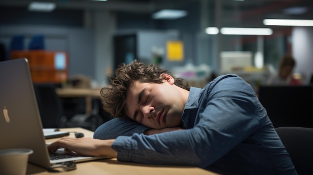 Mężczyzna zmęczony pracą śpi przy biurku w biurze