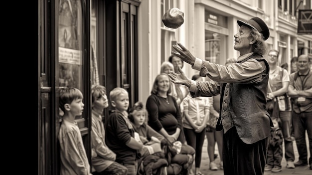 Zdjęcie mężczyzna żonglujący piłką przed tłumem