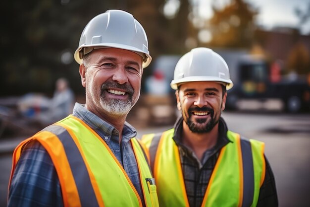 Mężczyźni budowniczy w odblaskowych kamizelkach i hełmach ochronnych pozują na zdjęcie uśmiechając się podczas przerwy w pracy