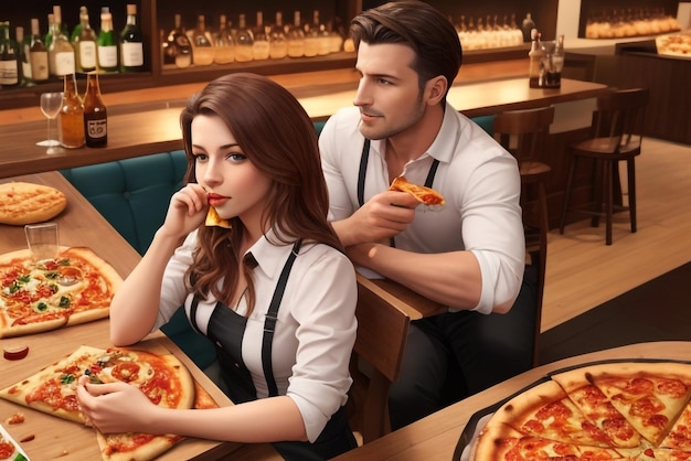 Mężczyźni i kobiety jedzą pyszną pizzę pepperoni z kieliszkiem whisky na skałach