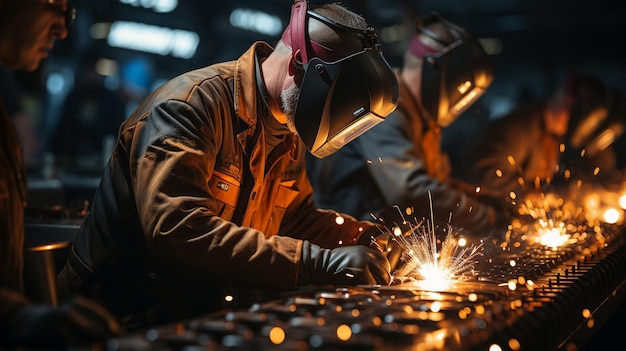 Mężczyźni pracujący w przemyśle ciężkim i zakładach produkcyjnych noszący odzież ochronną, zwłaszcza w przemyśle żelaznym i metalowym