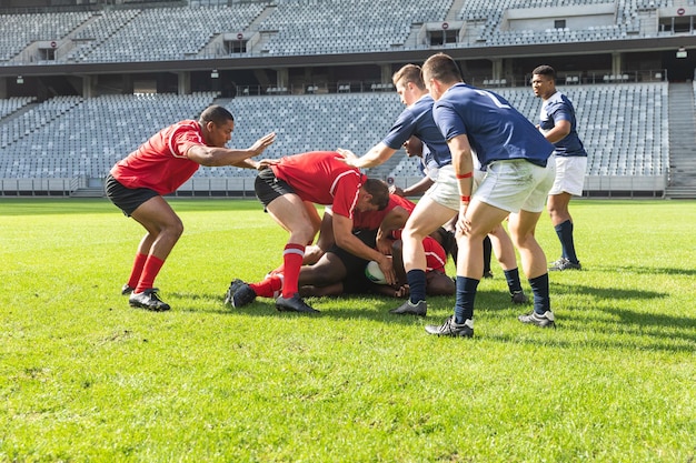 Mężczyźni rugby grający mecz rugby na stadionie