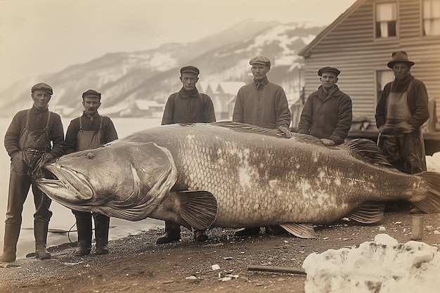 Mężczyźni rybacy stoją obok, aby zarejestrować połow olbrzymiej, wielkiej, ogromnej ryby w skandynawskiej wiosce.