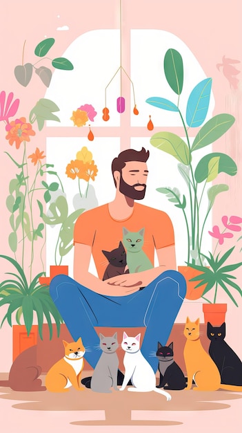 Zdjęcie mężczyźni w domu zdrowie psychiczne chip dla zwierząt domowych plakat zen w stylu wektorowym