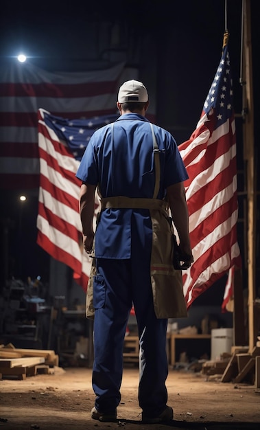 Mężczyźni w niebieskich kombinezonach stojący przed koncepcją święta pracy amerykańskiej flagi