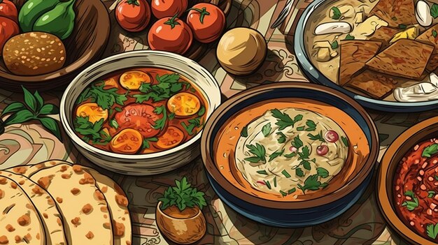 Mezze Bliskiego Wschodu Koncepcja fantazji Obraz ilustracji