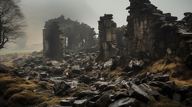 Zdjęcie mgła dusi rozpadające się ruiny, dodając atmosferę melancholii do opuszczonego i opuszczonego miejsca.
