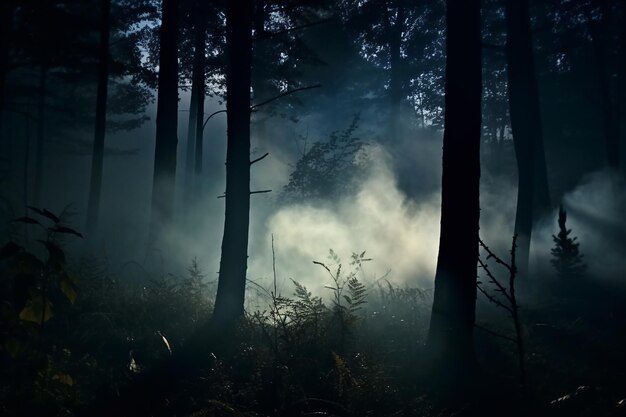 Mgła i ciemne lasy w nocy tajemniczy las magiczny nasycony mgła las drzewa krajobraz