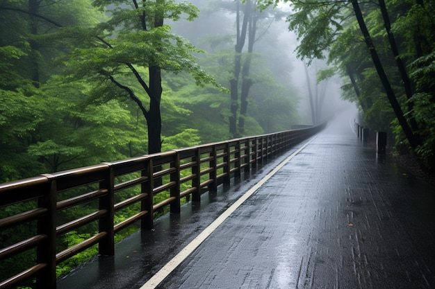 Mgła i deszcz. Pada mgła. Pogoda gęsta. Mgła wypełniła odcinek drogi w mrocznym starożytnym lesie.