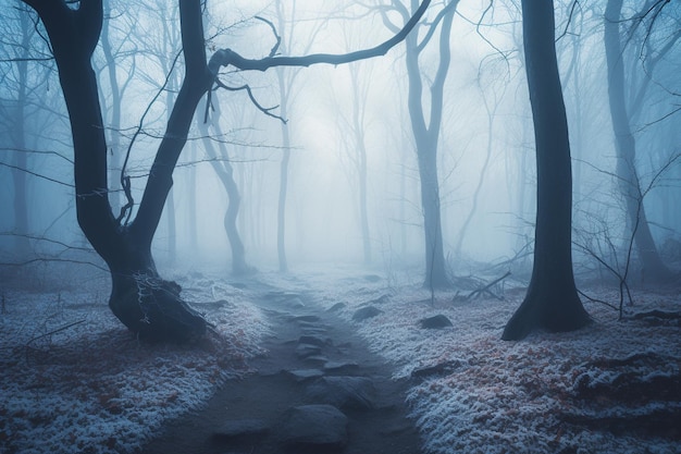 Mgła i zimą zamarznięte lasy tajemniczy las magiczny nasycony mgła las drzewa krajobraz