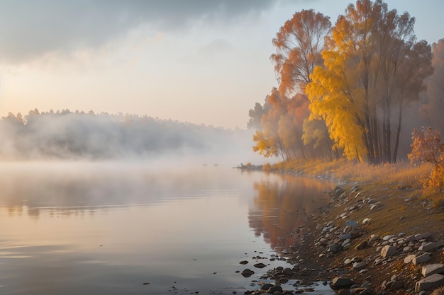 Mgła nad wodą na rzece Dnieper jesienią